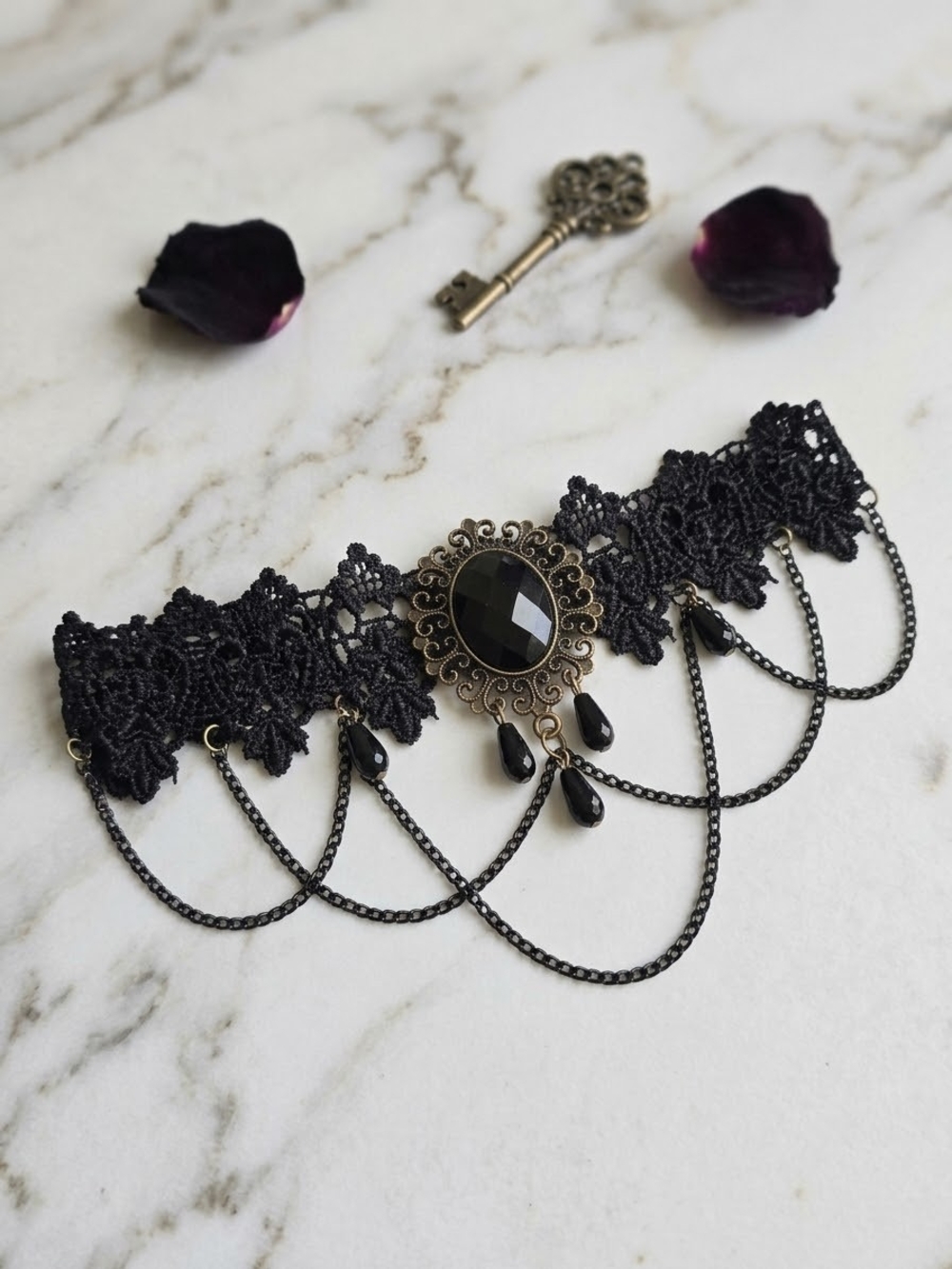 Black Lace Gothic Choker Necklace with Gothic Pendant